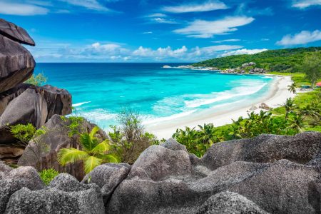 Amazing view at Grande Anse beach located on La Digue Island, Seychelles
